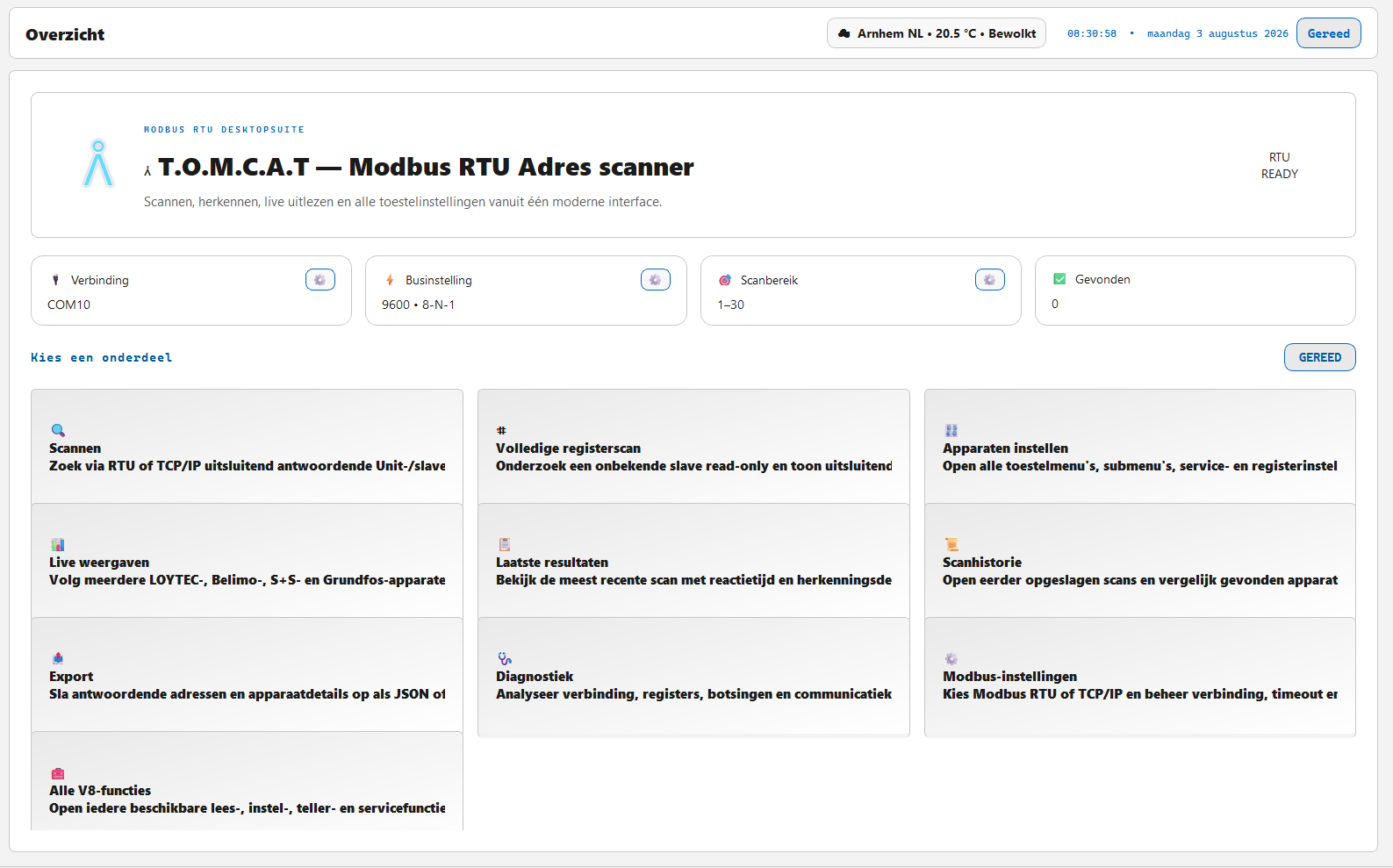 Overzichtsscherm van de T.O.M.C.A.T Modbus RTU Scanner